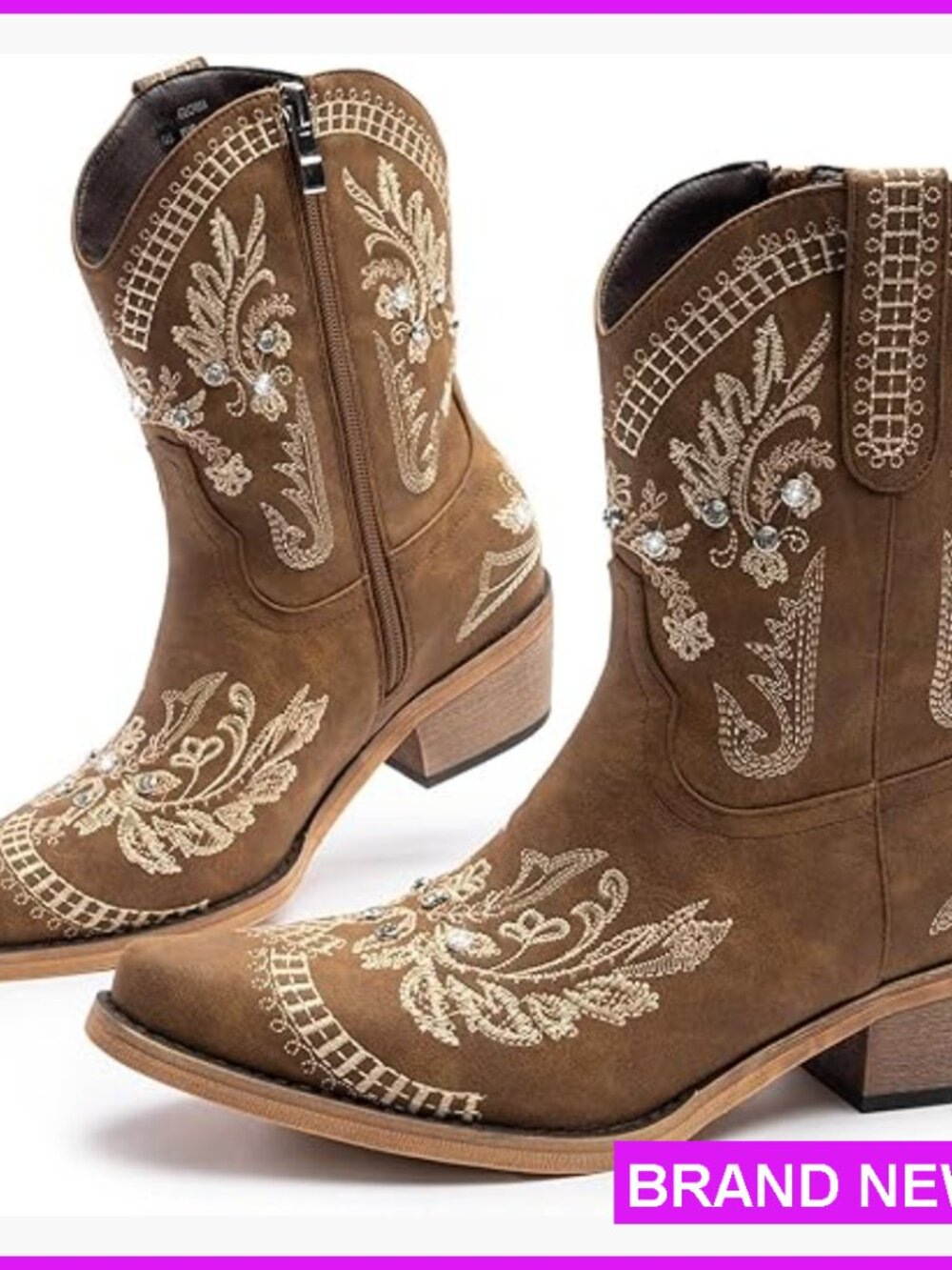 Embroidered Brown Western Ankle Booties with Side Zip